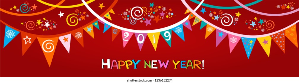 Happy new year 2019! Greeting card. Celebration red background with  garland, star, number 2019 and place for your text.  Holiday decoration. Garland of flags. Vector  illustration