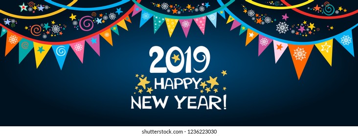 Happy new year 2019! Greeting card. Celebration dark background with  garland, star, number 2019 and place for your text.  Holiday decoration. Garland of flags. Winter holidays. Horizontal banner.