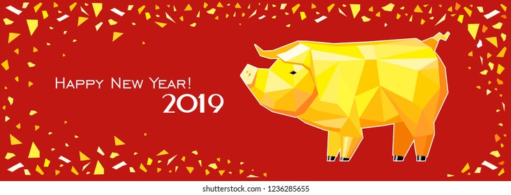 Happy new year 2019! Greeting card. Celebration burgundy background with gold pig. Gold and  burgundy collors place for your text. Winter holidays. Horizontal banner.  Vector Illustration