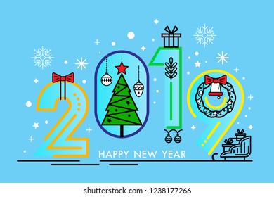 Happy New Year 2019, greeting card or banner minimalist style. Modern thin contour line design concept. Vector illustration.