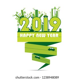Happy New Year 2019 greeting design by eco city concept