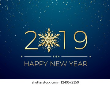 Happy New Year 2019. Greeting card text design. New Years banner with golden numbers and snowflake. Vector illustration isolated on blue background