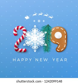 Happy New Year 2019 greeting card. Creative festive lettering. Candy and paper snowflake pine and gingerbread cookie. Vector illustration isolated on blue background