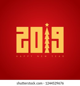 Happy new year 2019 greeting card. Vector Design template with Christmas tree.