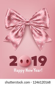 Happy New Year 2019 greeting card with cartoon pigs nose and gift bow. Holiday vector illustration for your website, posters, banners and invitations.