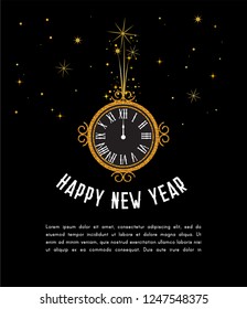 Happy New Year 2019. greeting card . New Year background with gold clock. vector illustration