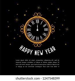 Happy New Year 2019. greeting card . New Year background with gold clock. vector illustration