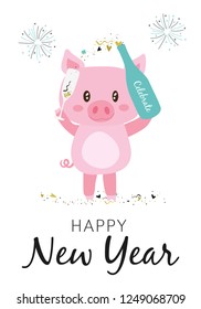 Happy New Year 2019 Greeting Card with sparkling pig