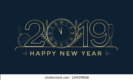 Happy New Year 2019 greeting card with stylized Golden clock on dark background. Christmas golden line illustration.