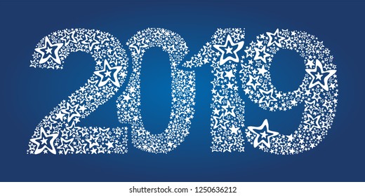 Happy New Year 2019. Greeting card. Celebration blue background with stars and place for your text. Art design celebrate party invitation template. Vector Illustration