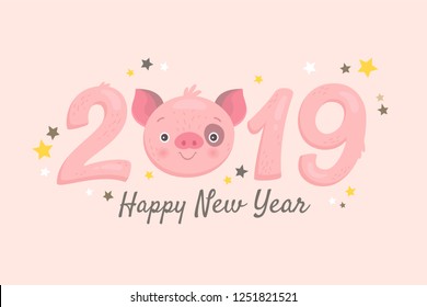 Happy New Year 2019 greeting card. Vector illustration of funny cute cartoon piggy face and pink stylized number of the year. Isolated on light pink background.
