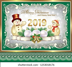 Happy New Year 2019. Greeting card with funny snowmen, Christmas balls, bells in a beautiful frame with an ornament. Vector illustration