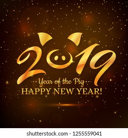 Happy New Year 2019! Greeting card for Year of the Pig. Vector illustration.