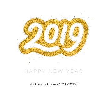 Happy New Year 2019 greeting card design template with golden text isolated on white background. Calligraphy for chinese year of the pig. Vector illustration