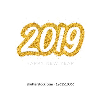 Happy New Year 2019 greeting card design template with golden text isolated on white background. Calligraphy for chinese year of the pig. Vector illustration