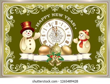 Happy new year 2019. Greeting card with snowmen, clock and Christmas decoration, decorative frame, ornament.Vector illustration
