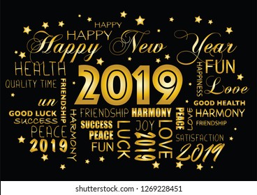 Happy New year 2019 greeting card - tagcloud