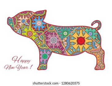 Happy New Year 2019, greeting card with Chinese Zodiac sign of Pig, colorful ornamental patchwork quilt pattern. Hand drawn animal, cartoon vector illustration. Isolated elements on white background