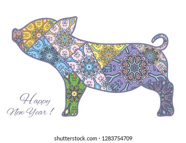 Happy New Year 2019, greeting card with Chinese Zodiac sign of Pig, colorful ornamental patchwork quilt pattern. Hand drawn animal, cartoon vector illustration. Isolated elements on white background