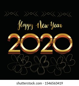 Happy New Year 2019 greeting card design with gold 3D typography on black background with glitters. Calligraphy for chinese year of the pig. Vector illustration