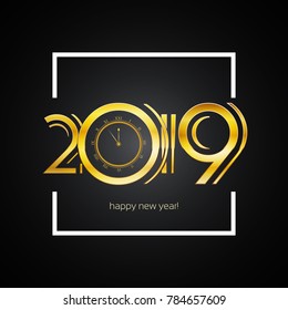 Happy New Year 2019 Greeting Card - Gold Numbers in White Bold Square Frame, EPS10 Vector Illustration Design