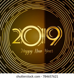 Happy New Year 2019 Greeting Card - Golden Numbers on Dark Background with Round Lines Design, EPS10 Vector Illustration