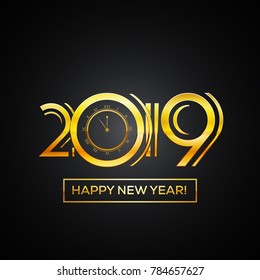 Tarjeta de felicitación Feliz Año Nuevo 2019 - Cuenta regresiva Números de oro con marco negrita sobre fondo oscuro, Diseño de ilustración EPS10