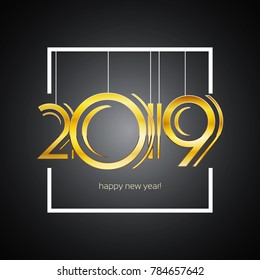 Happy New Year 2019 Greeting Card -  Hanging Golden Numbers in White Bold Square Frame, EPS10 Vector Design