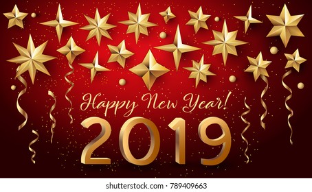 Happy New Year 2019 greeting vector card with cutout gold Stars and confetti on a red background. Festive template design. Vector illustration EPS 10 file.