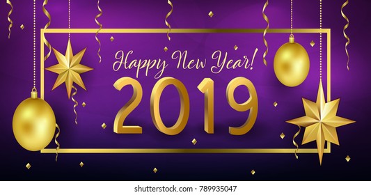 Happy New Year 2019 greeting card with realistic stars, golden Christmas balls and confetti on the ultra violet background. Vector illustration EPS 10 file