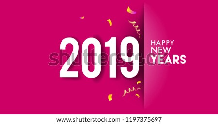 Happy new year 2019 Greeting card, 2019 modern logotype with balloon and confetti, vector illustration