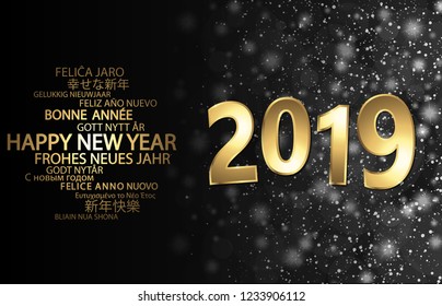 happy new year 2019 greetings with golden numbers and black background