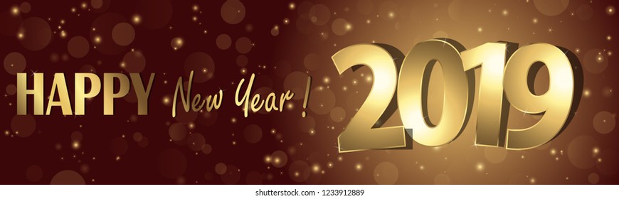 happy new year 2019 greetings with golden numbers and brown background