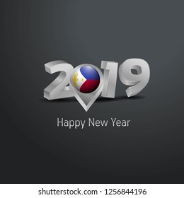 Happy New Year 2019 Grey Typography with Phillipines Flag Location Pin. Country Flag  Design