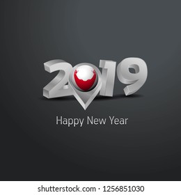 Happy New Year 2019 Grey Typography with Easter Island Rapa Nui Flag Location Pin. Country Flag  Design