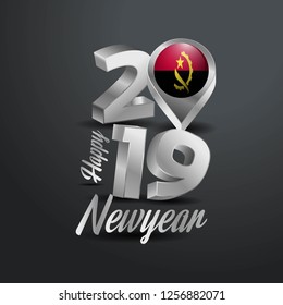 Happy New Year 2019 Grey Typography with Angola Flag Location Pin. Country Flag  Design
