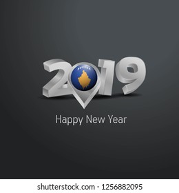 Happy New Year 2019 Grey Typography with Kosovo Flag Location Pin. Country Flag  Design