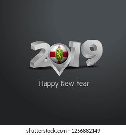 Happy New Year 2019 Grey Typography with Alderney Flag Location Pin. Country Flag  Design