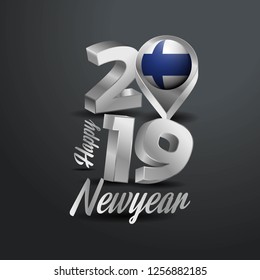 Happy New Year 2019 Grey Typography with Finland Flag Location Pin. Country Flag  Design