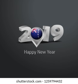Happy New Year 2019 Grey Typography with Cook Islands Flag Location Pin. Country Flag  Design