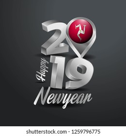 Happy New Year 2019 Grey Typography with Isle of Man Flag Location Pin. Country Flag  Design