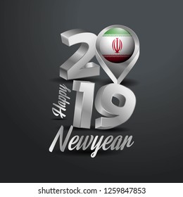 Happy New Year 2019 Grey Typography with Iran Flag Location Pin. Country Flag  Design