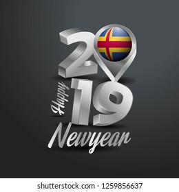 Happy New Year 2019 Grey Typography with Aland Flag Location Pin. Country Flag  Design