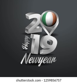 Happy New Year 2019 Grey Typography with Ireland Flag Location Pin. Country Flag  Design