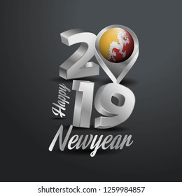 Happy New Year 2019 Grey Typography with Bhutan Flag Location Pin. Country Flag  Design