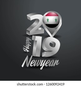 Happy New Year 2019 Grey Typography with Syria Flag Location Pin. Country Flag  Design