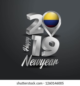 Happy New Year 2019 Grey Typography with Colombia Flag Location Pin. Country Flag  Design