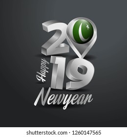 Happy New Year 2019 Grey Typography with Pakistan Flag Location Pin. Country Flag  Design