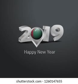 Happy New Year 2019 Grey Typography with Turkmenistan Flag Location Pin. Country Flag  Design
