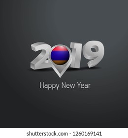 Happy New Year 2019 Grey Typography with Armenia Flag Location Pin. Country Flag  Design